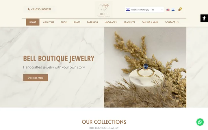 צילום מסך של חנות Bell Boutique Jewelry — עמוד הבית