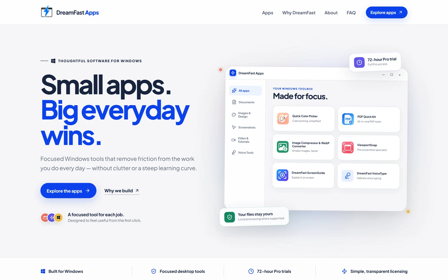 צילום מסך של אתר DreamFast Apps בדסקטופ — קטלוג תוכנות Windows